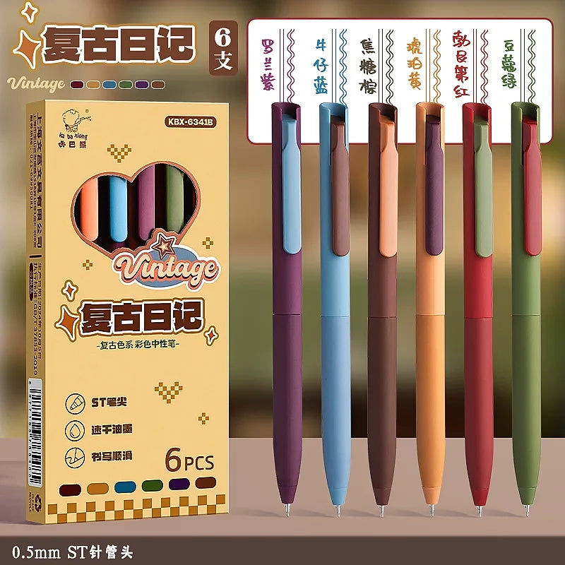 Gel Pen Push-Type Morandi Coloful Japanese Style - Set of 6 - Vintage