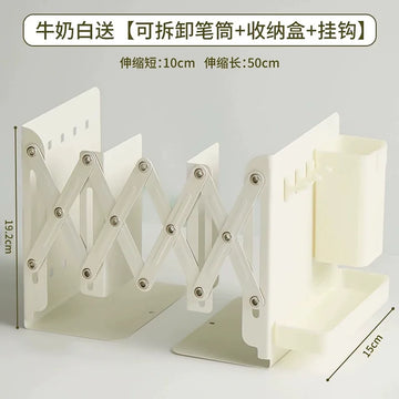 Retractable Bookstand Storage Rack With Pen Holder, Book Clip Foldable - Milk White