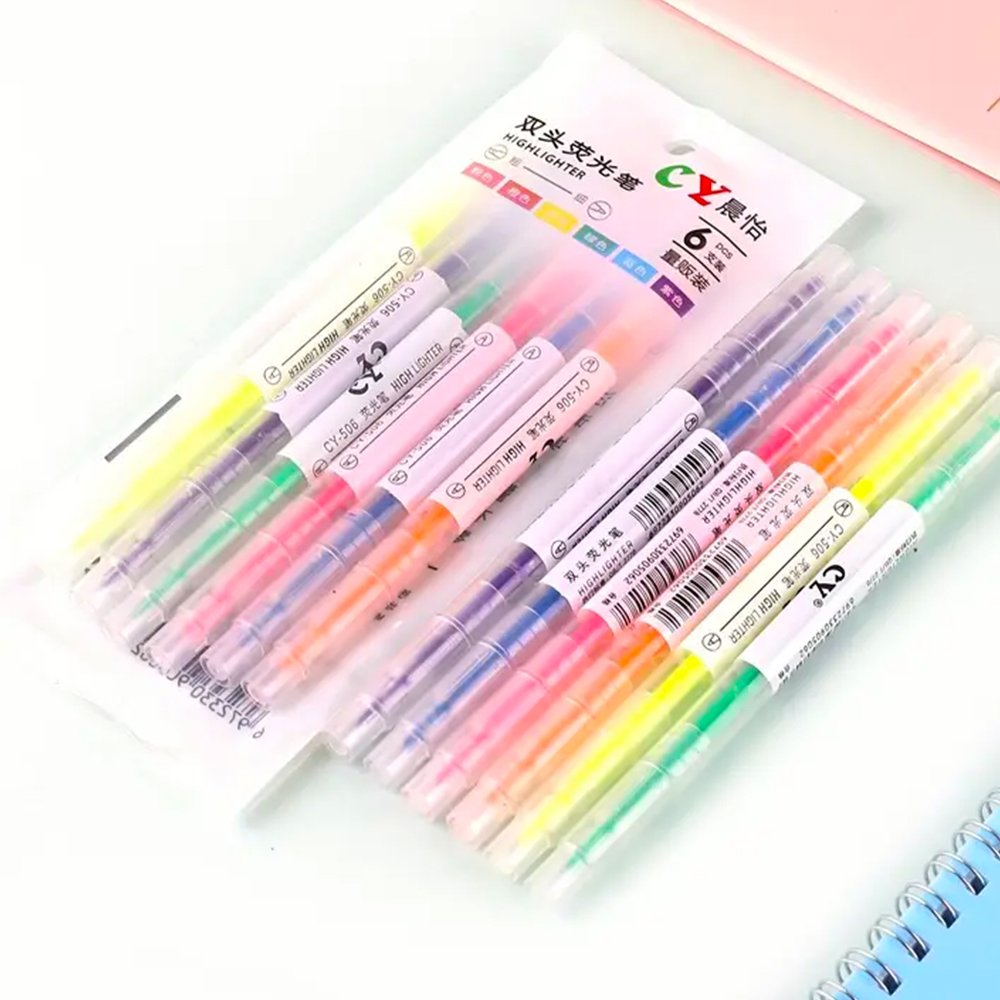 6PCS Dual-Tip Highlighters – Colored Angled Markers for School &amp; Office