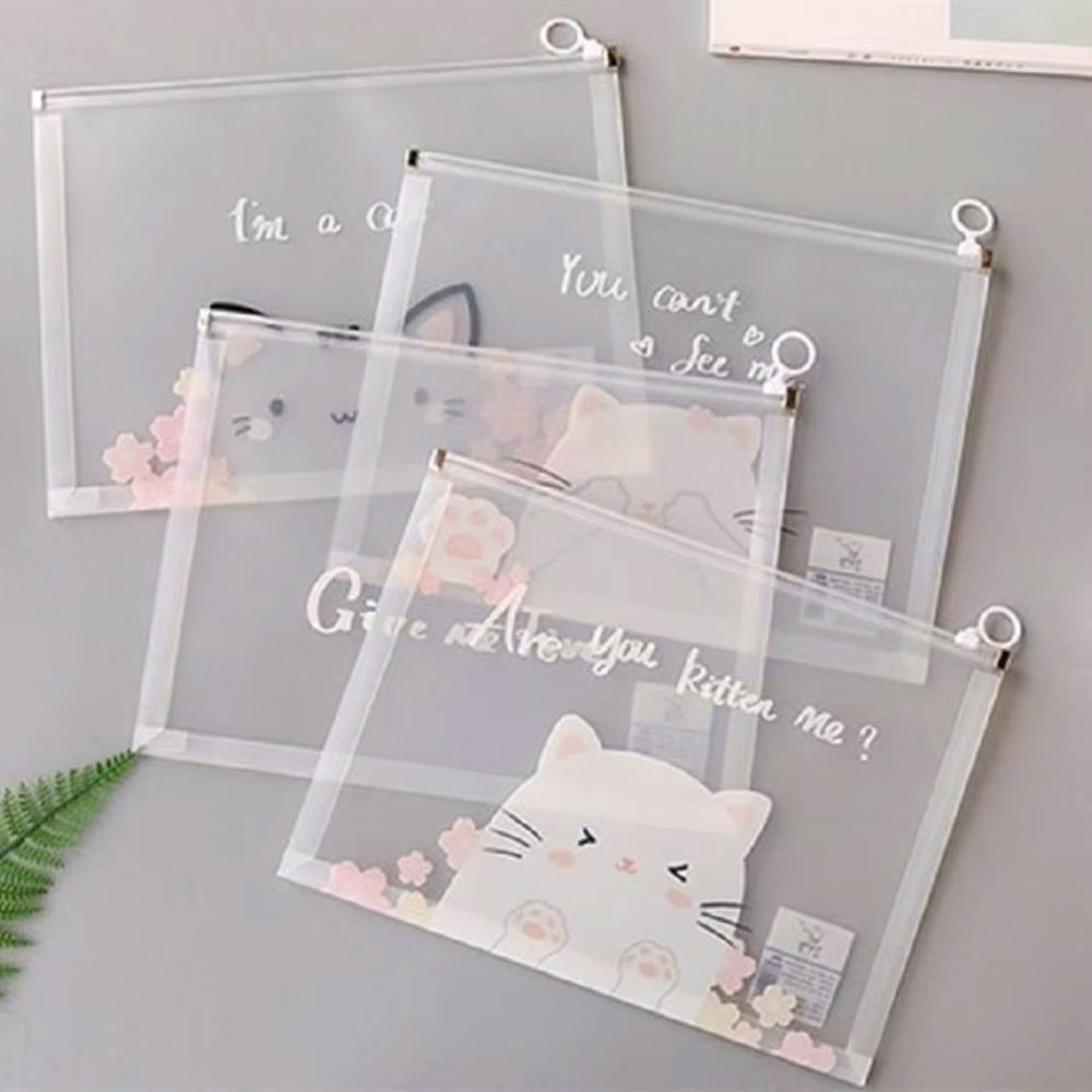 3PCS Transparent A5 File Organizers – Cartoon Cat Zipper Pouches for Office &amp; School