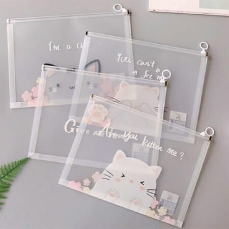 3PCS Transparent A5 File Organizers – Cartoon Cat Zipper Pouches for Office & School