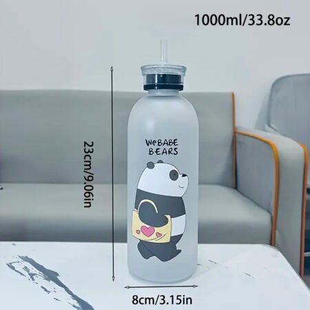 33.81oz Frosted Cartoon Bear Water Bottle – Portable Sports Bottle with Straw
