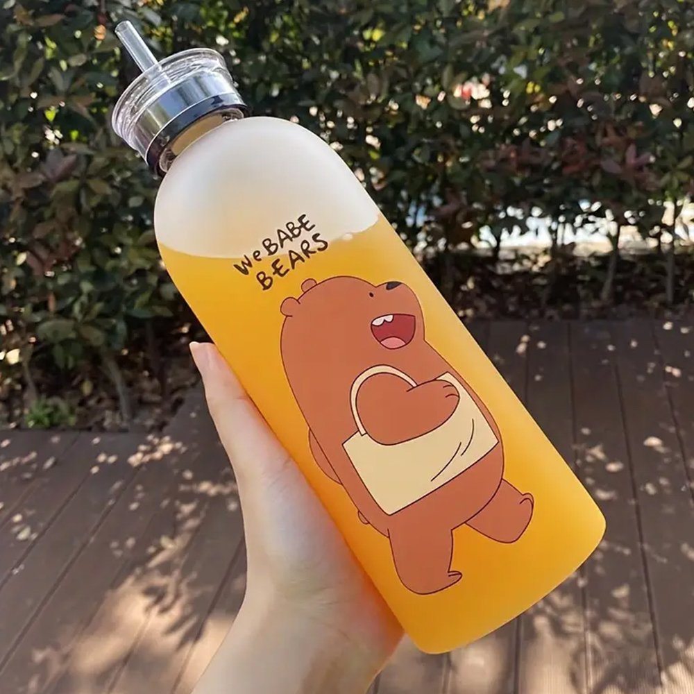 33.81oz Frosted Cartoon Bear Water Bottle – Portable Sports Bottle with Straw - Image 2