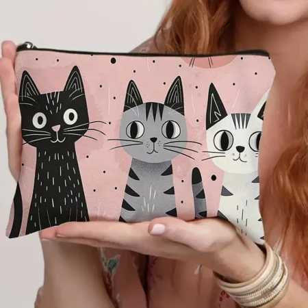 Cat Pink Canvas Makeup Bag - Foldable Travel Pouch with Zipper
