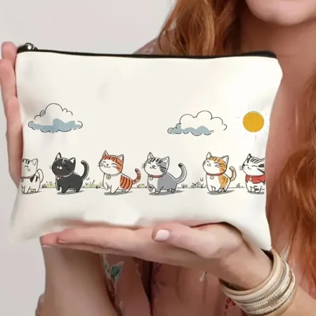 Cat Print Canvas Makeup Bag – Zippered Travel Pouch & Pencil Case for Women