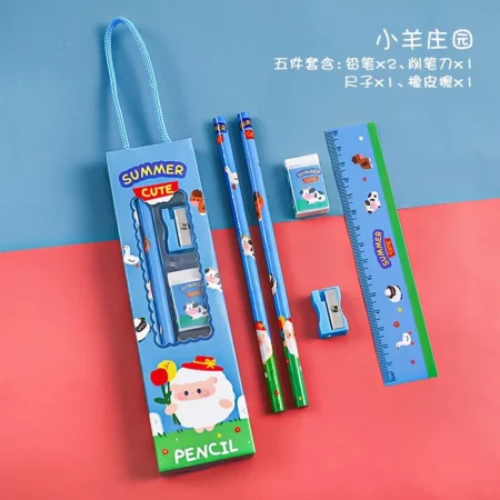 Cartoon Theme Stationery Kit - Set of 2 Pencils, Eraser, Ruler, Sharpner